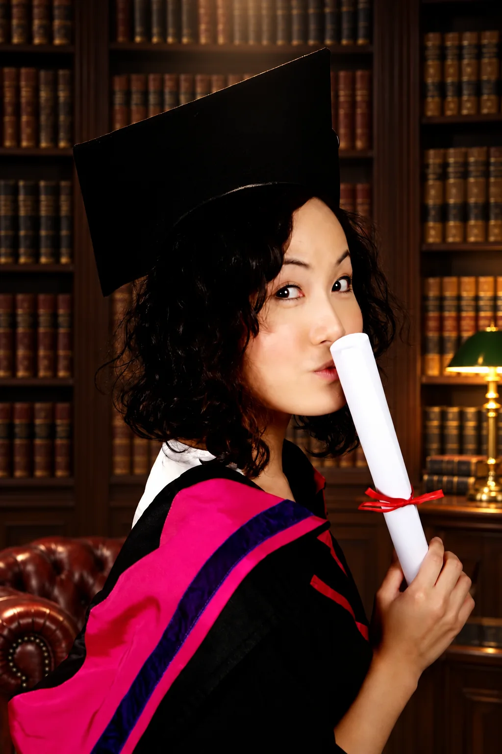 Graduate portrait in a traditional law library near Hampstead