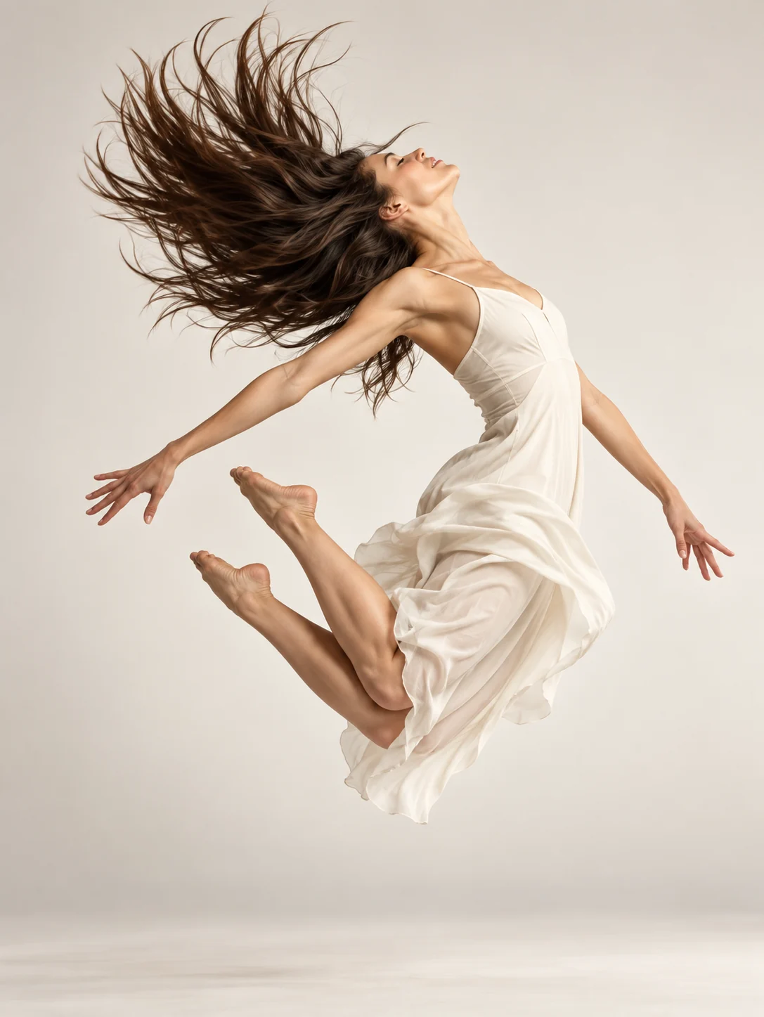 Dancer in an ivory dress demonstrating movement during a professional photo shoot